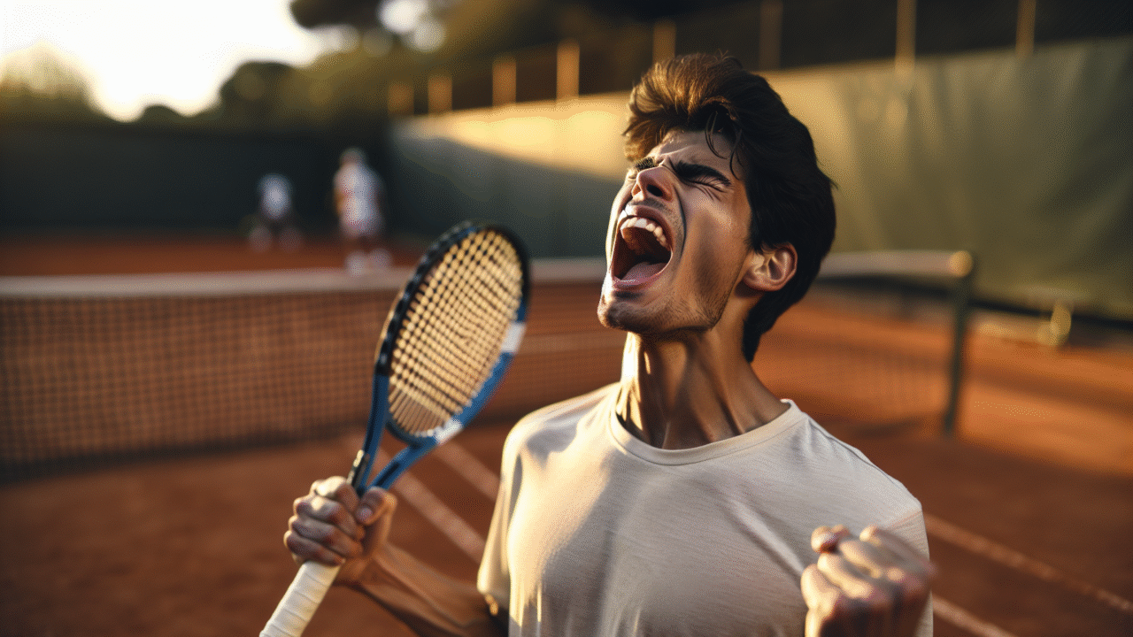 Photo ultra-réaliste de Carlos Alcaraz hurlant de joie, les bras levés, après avoir remporté un point décisif, la terre battue et le filet en arrière-plan.