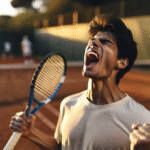 Photo ultra-réaliste de Carlos Alcaraz hurlant de joie, les bras levés, après avoir remporté un point décisif, la terre battue et le filet en arrière-plan.