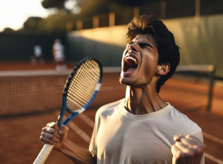 Photo ultra-réaliste de Carlos Alcaraz hurlant de joie, les bras levés, après avoir remporté un point décisif, la terre battue et le filet en arrière-plan.