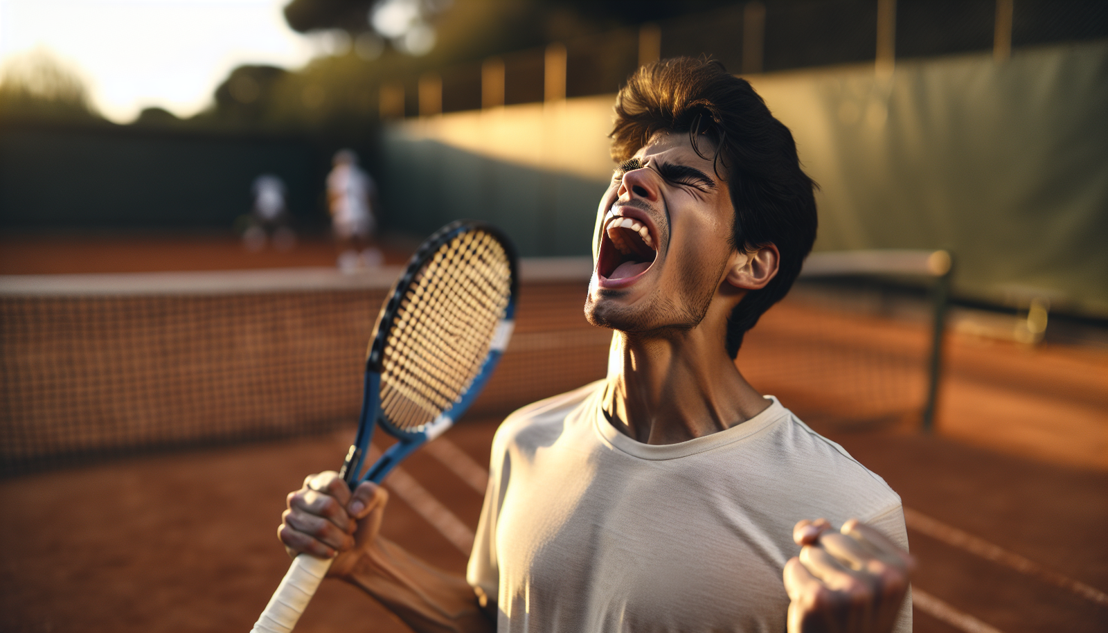 Photo ultra-réaliste de Carlos Alcaraz hurlant de joie, les bras levés, après avoir remporté un point décisif, la terre battue et le filet en arrière-plan.