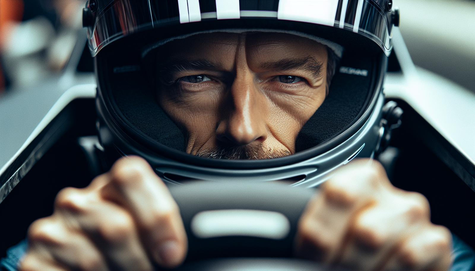 Gros plan sur Brad Pitt concentré au volant d'une monoplace de F1, visière baissée, mains fermes sur le volant, ambiance sérieuse et immersive.