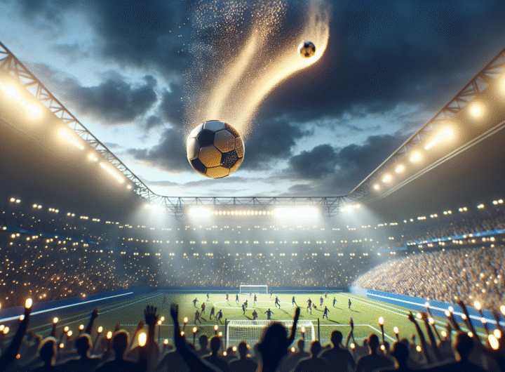 Photo ultra-réaliste d'un ballon de football en l'air au-dessus d'un stade rempli, avec des étincelles de transferts et des symboles de ligues européennes en arrière-plan, ambiance dynamique et excitante.