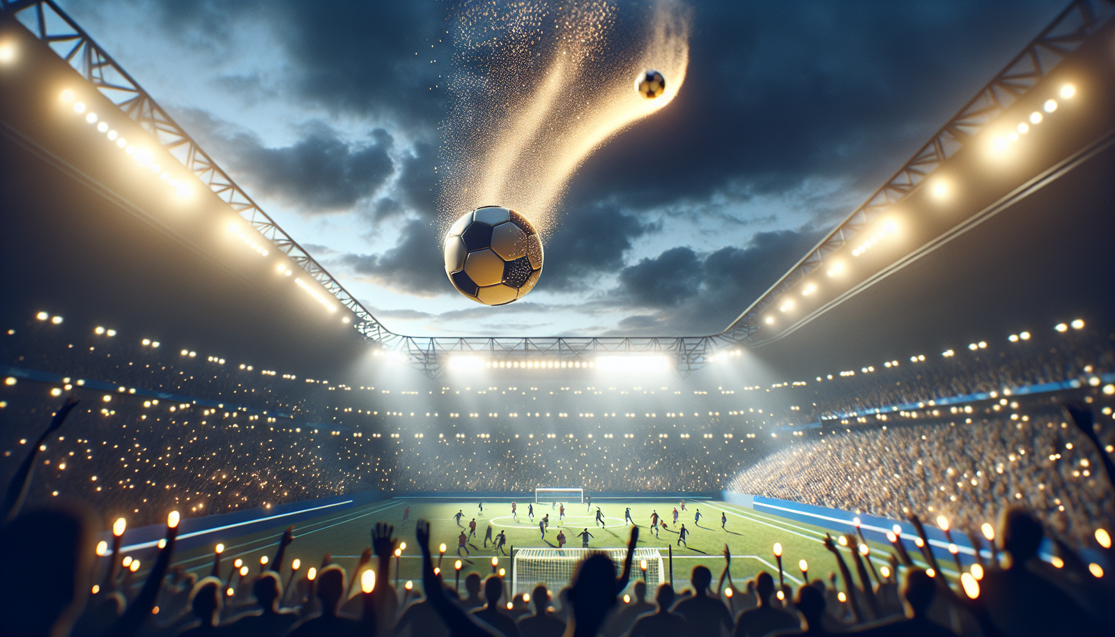 Photo ultra-réaliste d'un ballon de football en l'air au-dessus d'un stade rempli, avec des étincelles de transferts et des symboles de ligues européennes en arrière-plan, ambiance dynamique et excitante.