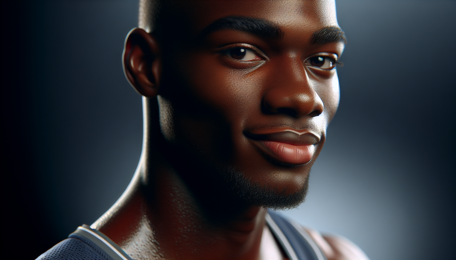 Gros plan sur LeBron James, souriant mais avec des signes de fatigue après un match intense, symbolisant sa résilience et son leadership.