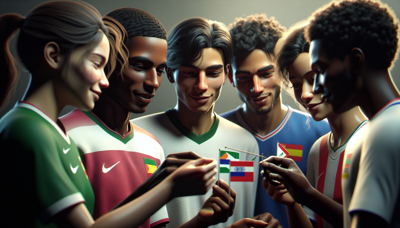 Gros plan réaliste sur un groupe de jeunes footballeurs de différentes nationalités (couleurs de peau, maillots divers) échangeant des drapeaux miniatures et souriant, symbolisant la diversité culturelle et l'esprit sportif international.