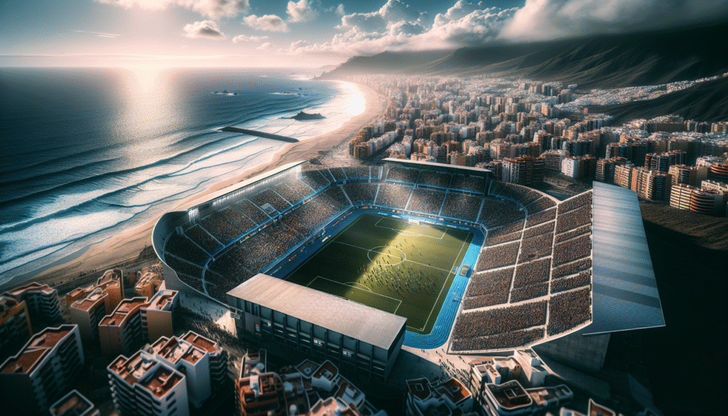 Photo aérienne ultra-réaliste d'un stade de football moderne et rempli de jeunes joueurs, avec les plages ensoleillées de Gran Canaria et l'océan Atlantique en arrière-plan sous un ciel bleu éclatant, ambiance dynamique et prometteuse.
