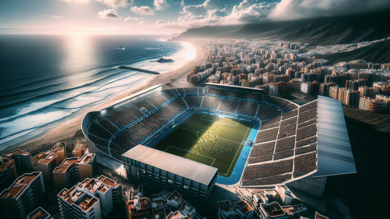 Photo aérienne ultra-réaliste d'un stade de football moderne et rempli de jeunes joueurs, avec les plages ensoleillées de Gran Canaria et l'océan Atlantique en arrière-plan sous un ciel bleu éclatant, ambiance dynamique et prometteuse.