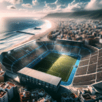 Photo aérienne ultra-réaliste d'un stade de football moderne et rempli de jeunes joueurs, avec les plages ensoleillées de Gran Canaria et l'océan Atlantique en arrière-plan sous un ciel bleu éclatant, ambiance dynamique et prometteuse.