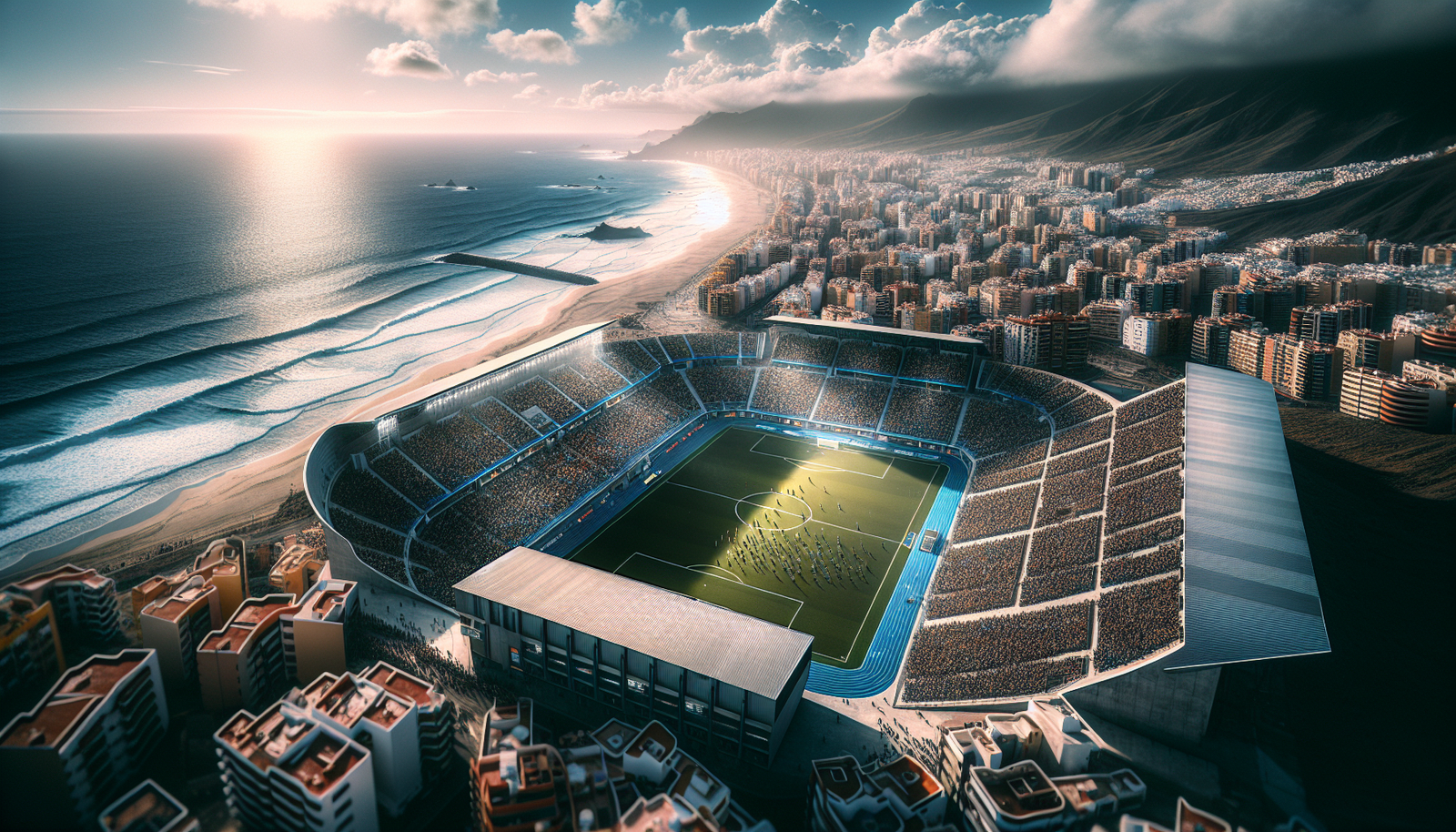 Photo aérienne ultra-réaliste d'un stade de football moderne et rempli de jeunes joueurs, avec les plages ensoleillées de Gran Canaria et l'océan Atlantique en arrière-plan sous un ciel bleu éclatant, ambiance dynamique et prometteuse.