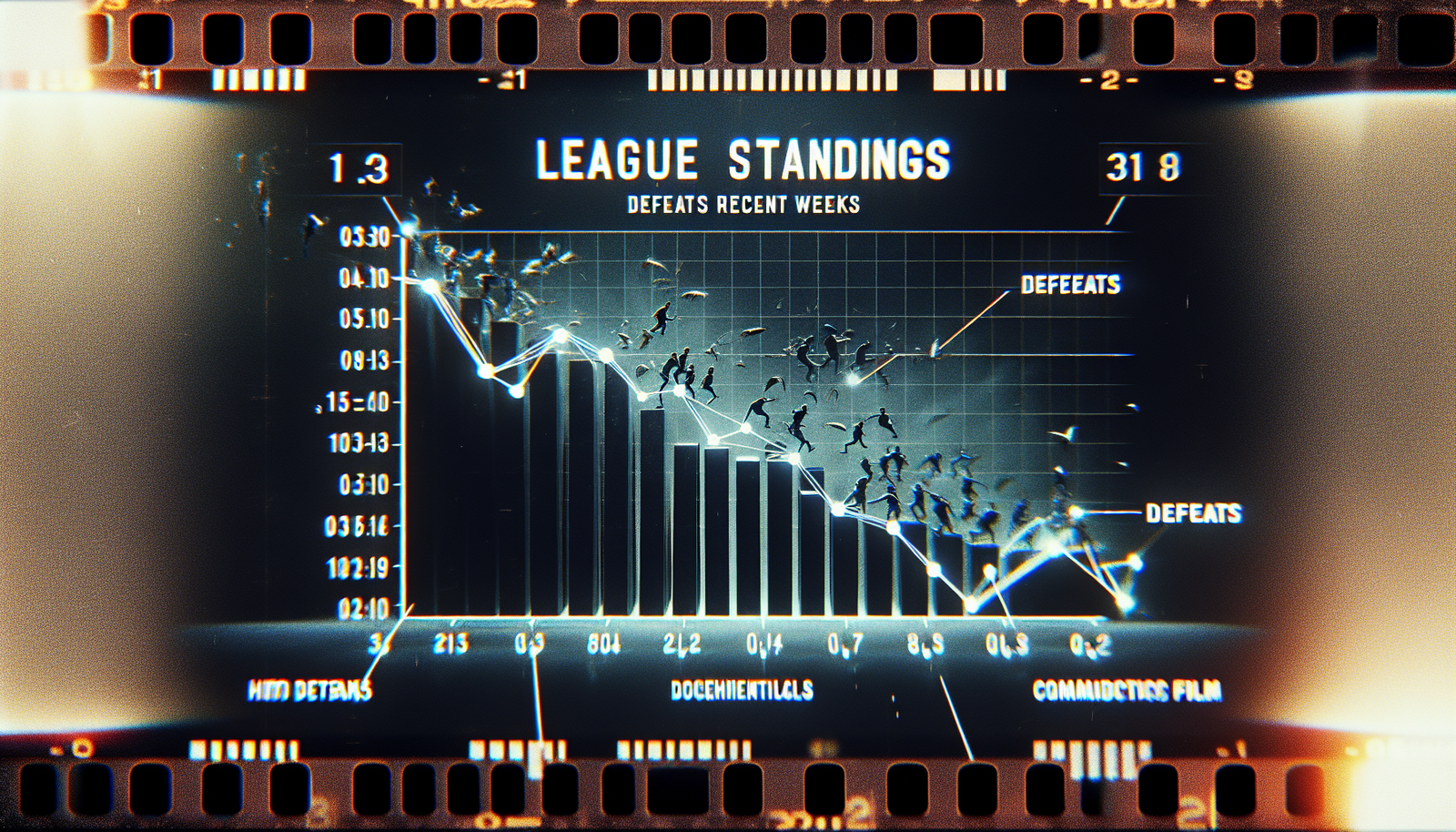 Graphique stylisé et anxiogène montrant la courbe de classement de Tottenham plongeant drastiquement au cours des dernières semaines, avec des points de données clés pour les défaites.