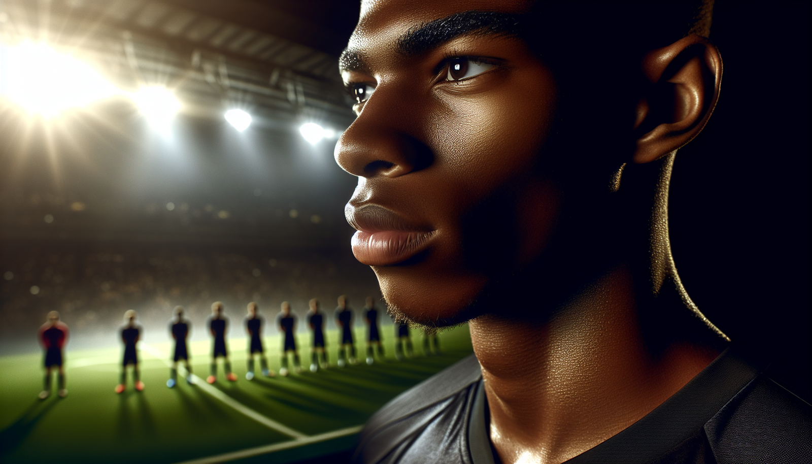 Gros plan sur le visage déterminé d'Ousmane Dembélé juste avant un match décisif, avec des lumières de stade éclatantes en arrière-plan et une légère lueur dorée pour symboliser le Ballon d'Or. Expression de concentration intense et de haute pression.