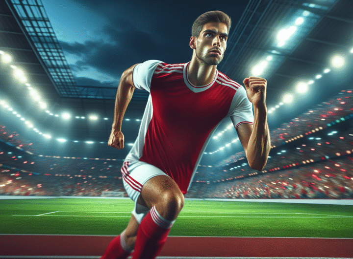 Photo d'action ultra-réaliste d'Alejandro Garnacho en pleine course sur un terrain de football, expression déterminée, maillot de Manchester United, couleurs vives, ambiance de stade électrique, lumière dramatique.