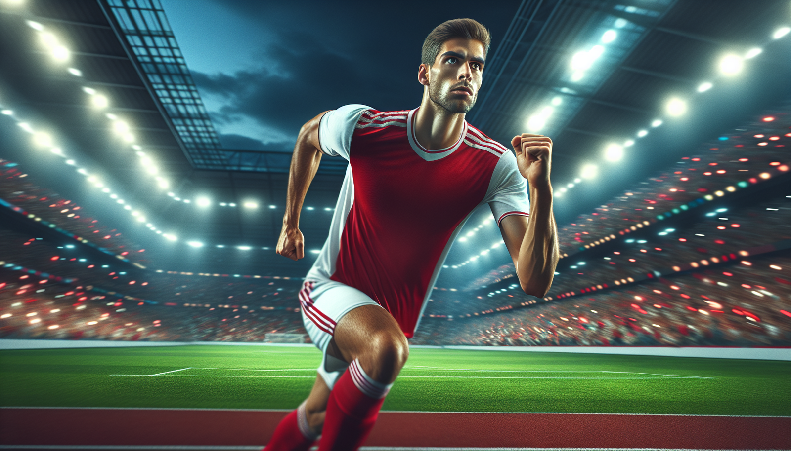 Photo d'action ultra-réaliste d'Alejandro Garnacho en pleine course sur un terrain de football, expression déterminée, maillot de Manchester United, couleurs vives, ambiance de stade électrique, lumière dramatique.