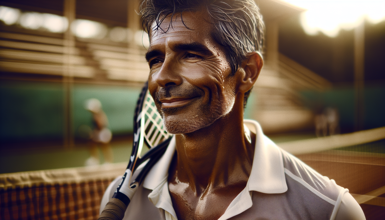 Portrait émotif et déterminé d'un joueur de tennis expérimenté, souriant mais fatigué après un match difficile, symbolisant la persévérance et la passion. Style: Photo artistique, couleurs chaudes et profondeur de champ