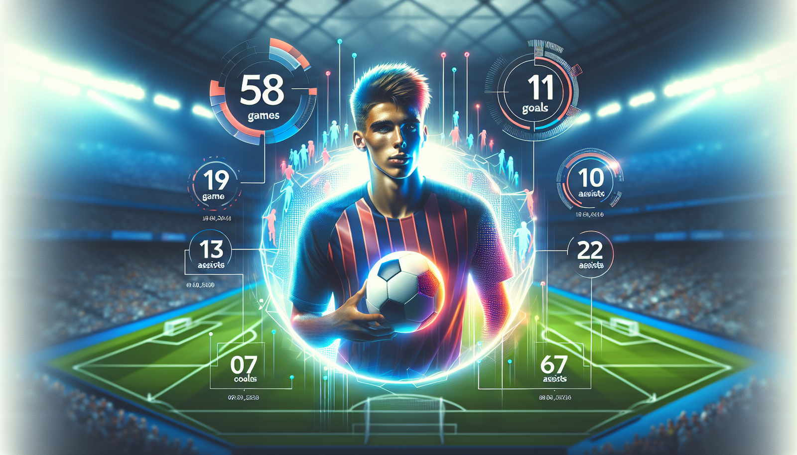 Infographie moderne et dynamique des statistiques clés d'Alejandro Garnacho (58 matchs, 11 buts, 10 passes décisives), avec des éléments visuels liés au football, couleurs vives et design épuré, sur un fond flou d'action de match.