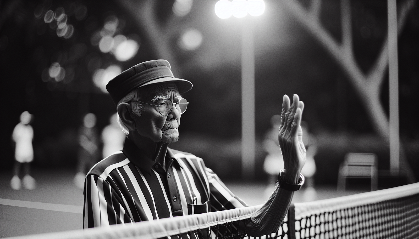 Un juge de ligne âgé avec une expression pensive, la main levée pour signaler une faute, avec un flou artistique sur l'arrière-plan du court de Wimbledon, évoquant la nostalgie d'une tradition qui s'achève.