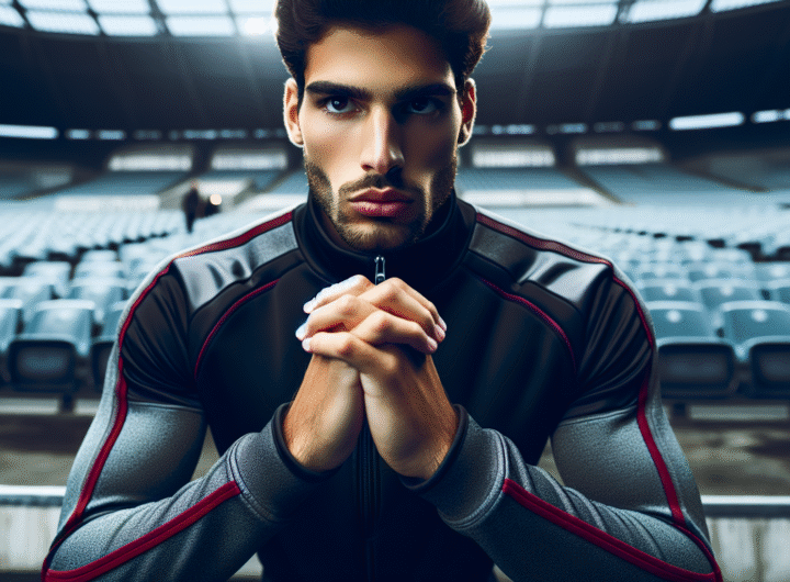 Athlète en pleine concentration avant un match important, focalisé, mains jointes