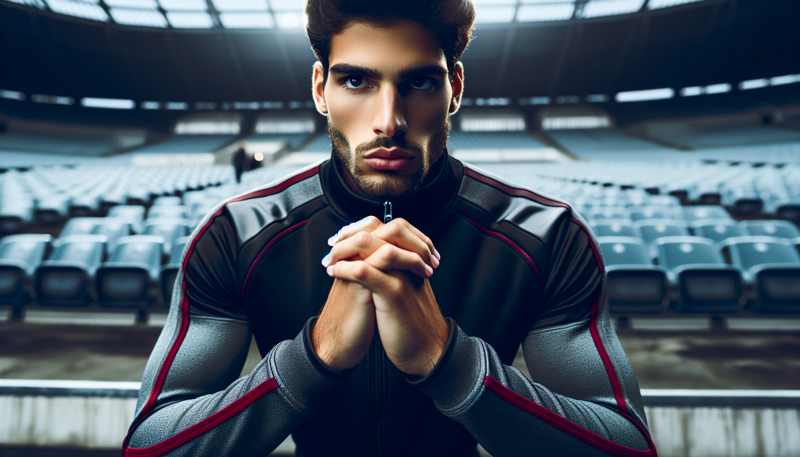 Athlète en pleine concentration avant un match important, focalisé, mains jointes