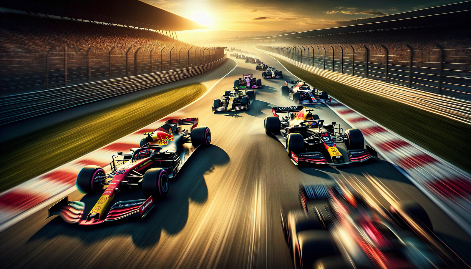 Photo d'action dynamique de plusieurs monoplaces F1 côte à côte au départ, avec des couleurs vives et un effet de vitesse, illustrant l'intensité du premier virage.