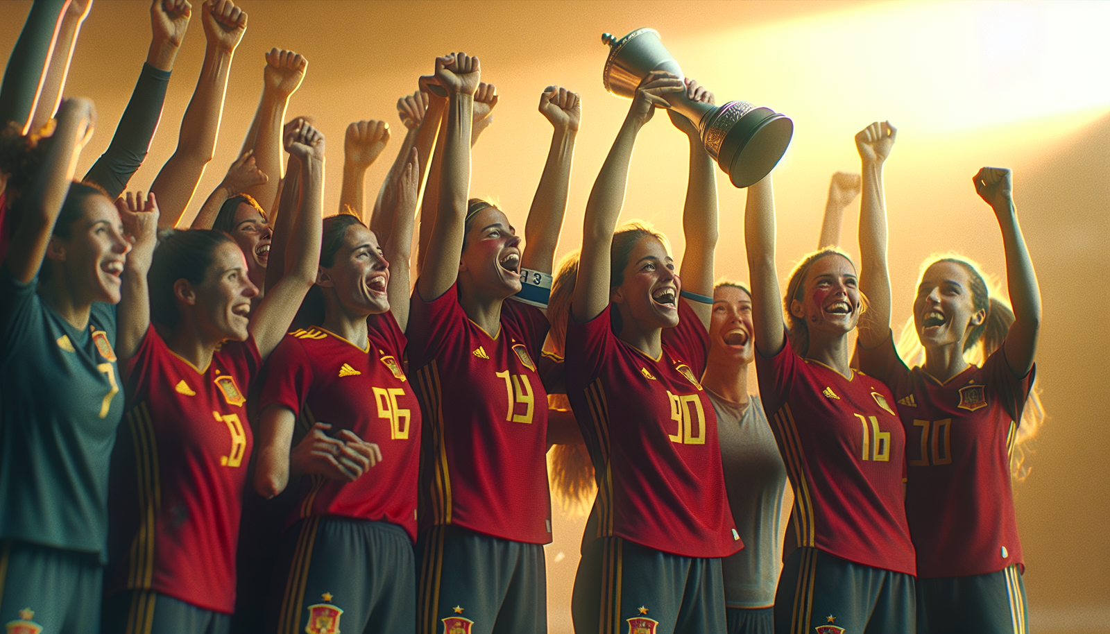 Photo de l'équipe nationale féminine espagnole célébrant une victoire majeure, l'ensemble des joueuses affichant de la joie et de la cohésion, tenant un trophée.