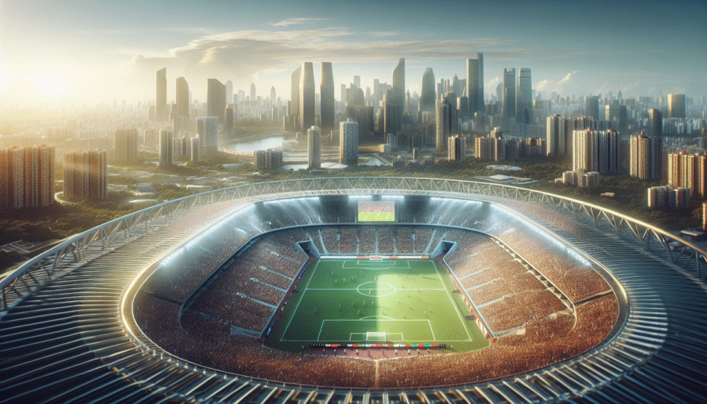 Vue aérienne du stade de MetLife, New York, pendant un match de football, foule immense, ambiance électrique, avec un logo "USA 2025" incrusté. Ambiance dynamique et festive.