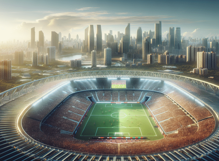 Vue aérienne du stade de MetLife, New York, pendant un match de football, foule immense, ambiance électrique, avec un logo "USA 2025" incrusté. Ambiance dynamique et festive.