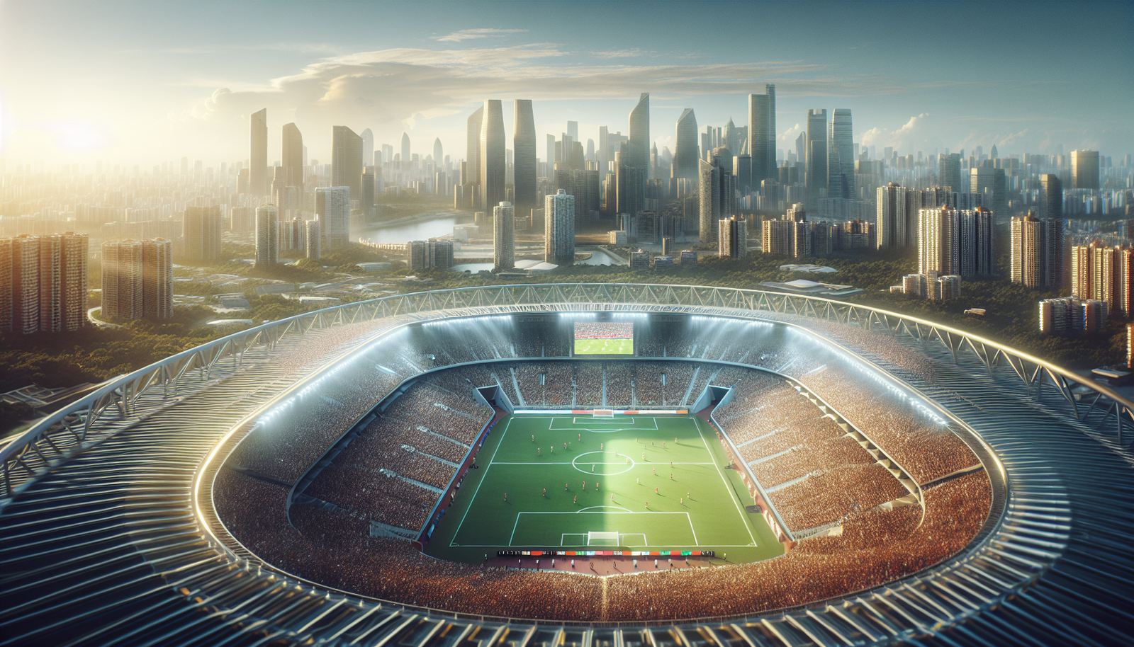 Vue aérienne du stade de MetLife, New York, pendant un match de football, foule immense, ambiance électrique, avec un logo "USA 2025" incrusté. Ambiance dynamique et festive.