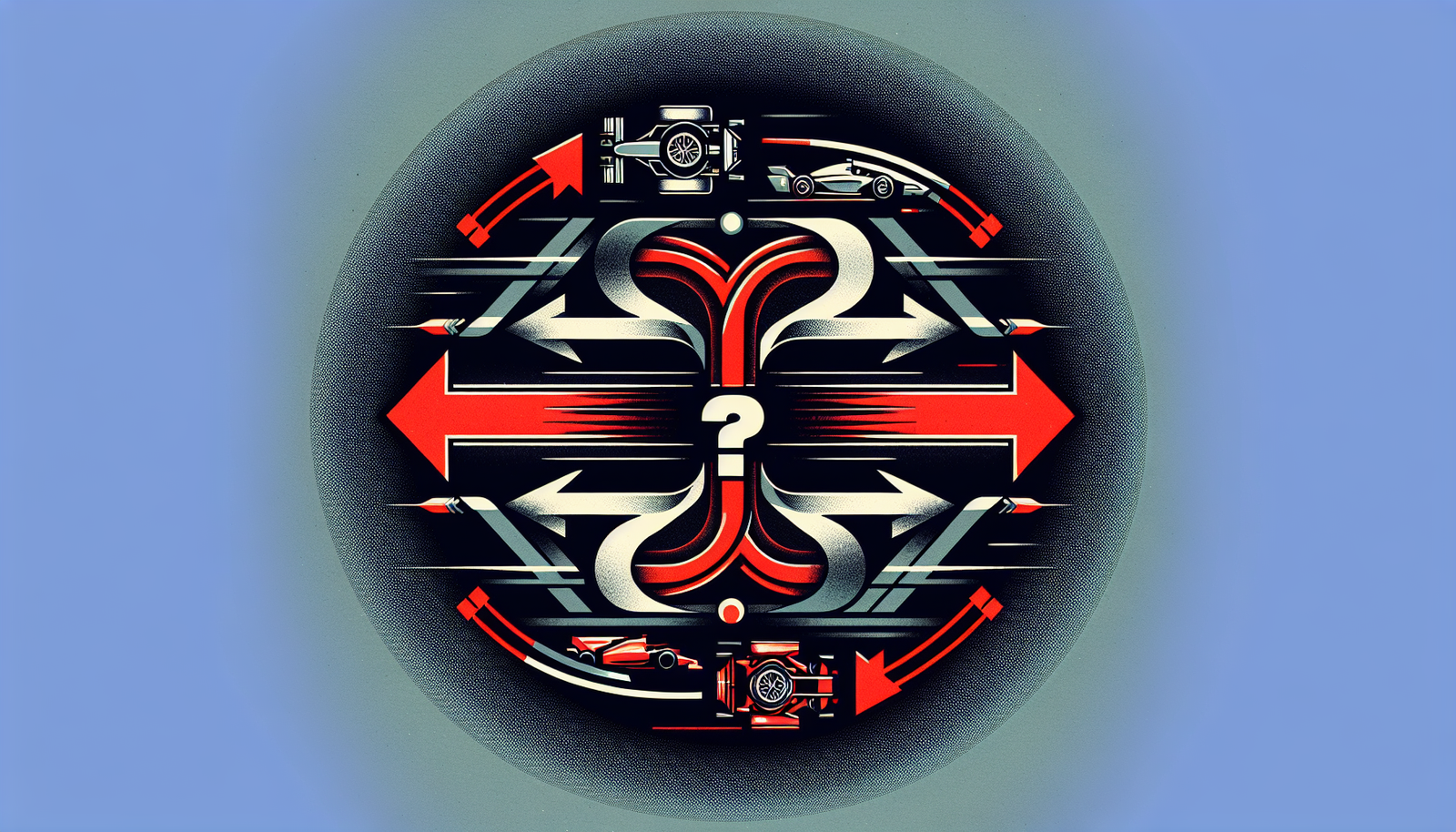 Graphique stylisé montrant des flèches entre les logos Red Bull et Mercedes, symbolisant un transfert, avec un point d'interrogation central.