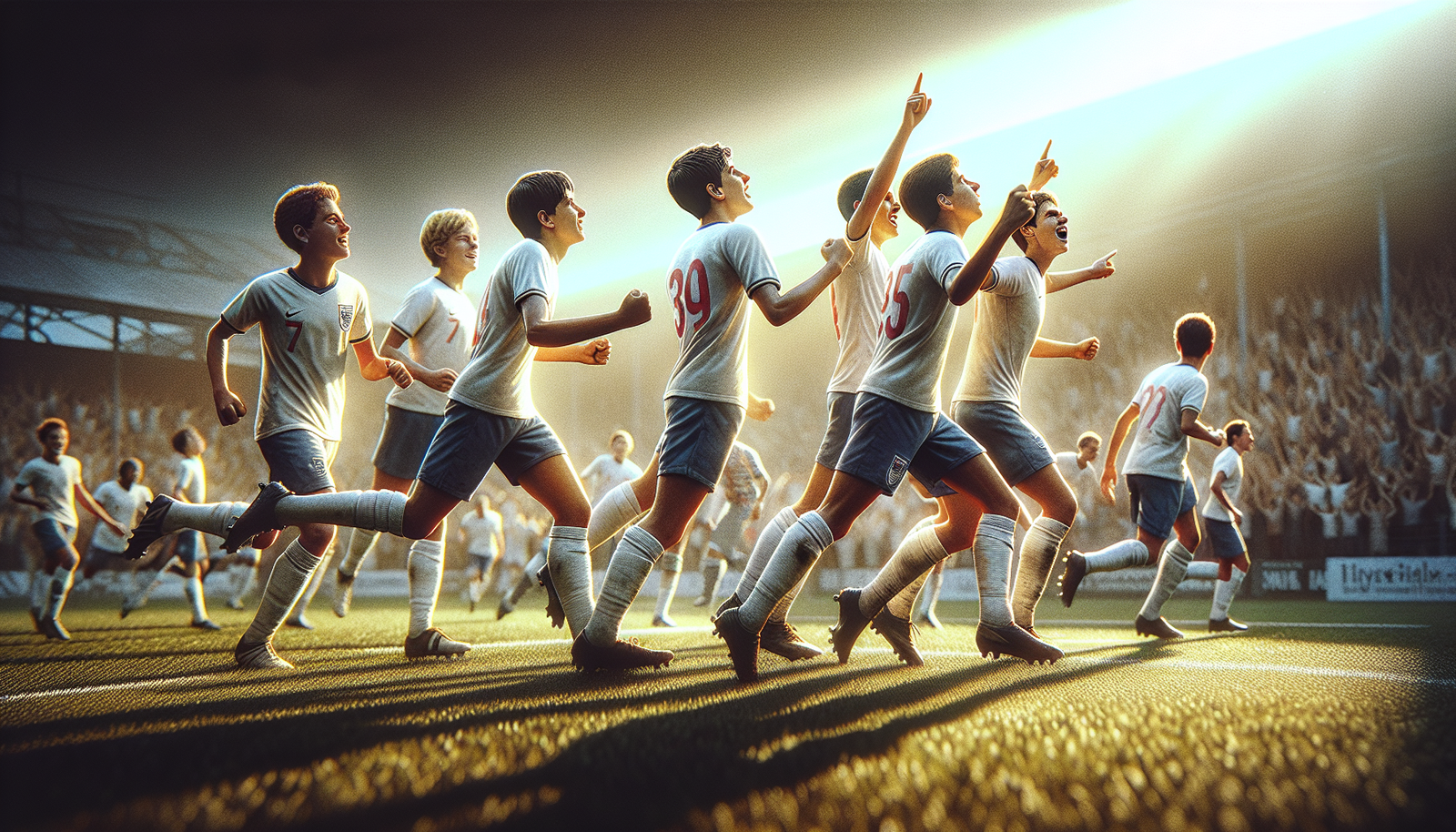 Photo d'action ultra-réaliste de jeunes footballeurs en plein match sur un terrain ensoleillé, célébrant un but avec émotion.