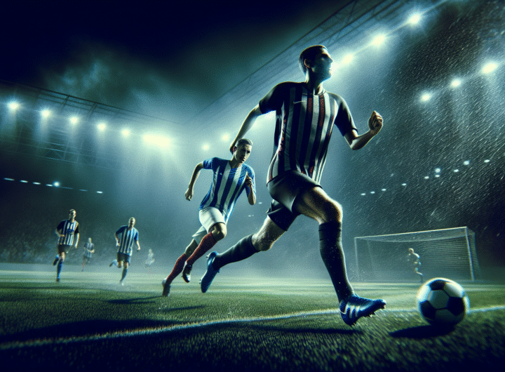 photo d'action ultra-réaliste d'un joueur de l'Inter Milan en pleine course avec le ballon face à un défenseur de River Plate, stade lumineux en arrière-plan, intensité du match, ambiance électrique