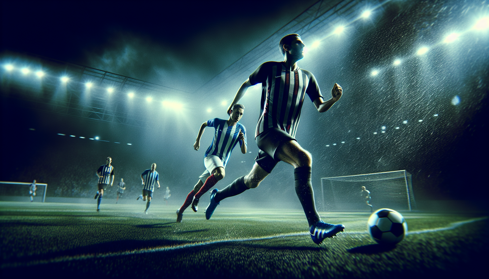 photo d'action ultra-réaliste d'un joueur de l'Inter Milan en pleine course avec le ballon face à un défenseur de River Plate, stade lumineux en arrière-plan, intensité du match, ambiance électrique