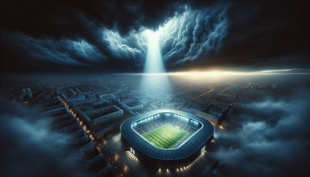 Vue aérienne ultra-réaliste du stade de Selhurst Park illuminé la nuit, sous un ciel orageux avec un rayon de lumière perçant, symbolisant l'incertitude et l'espoir.