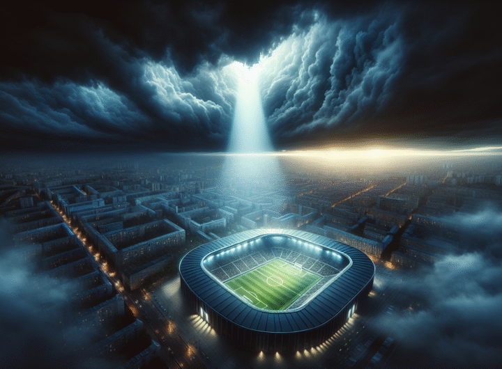 Vue aérienne ultra-réaliste du stade de Selhurst Park illuminé la nuit, sous un ciel orageux avec un rayon de lumière perçant, symbolisant l'incertitude et l'espoir.
