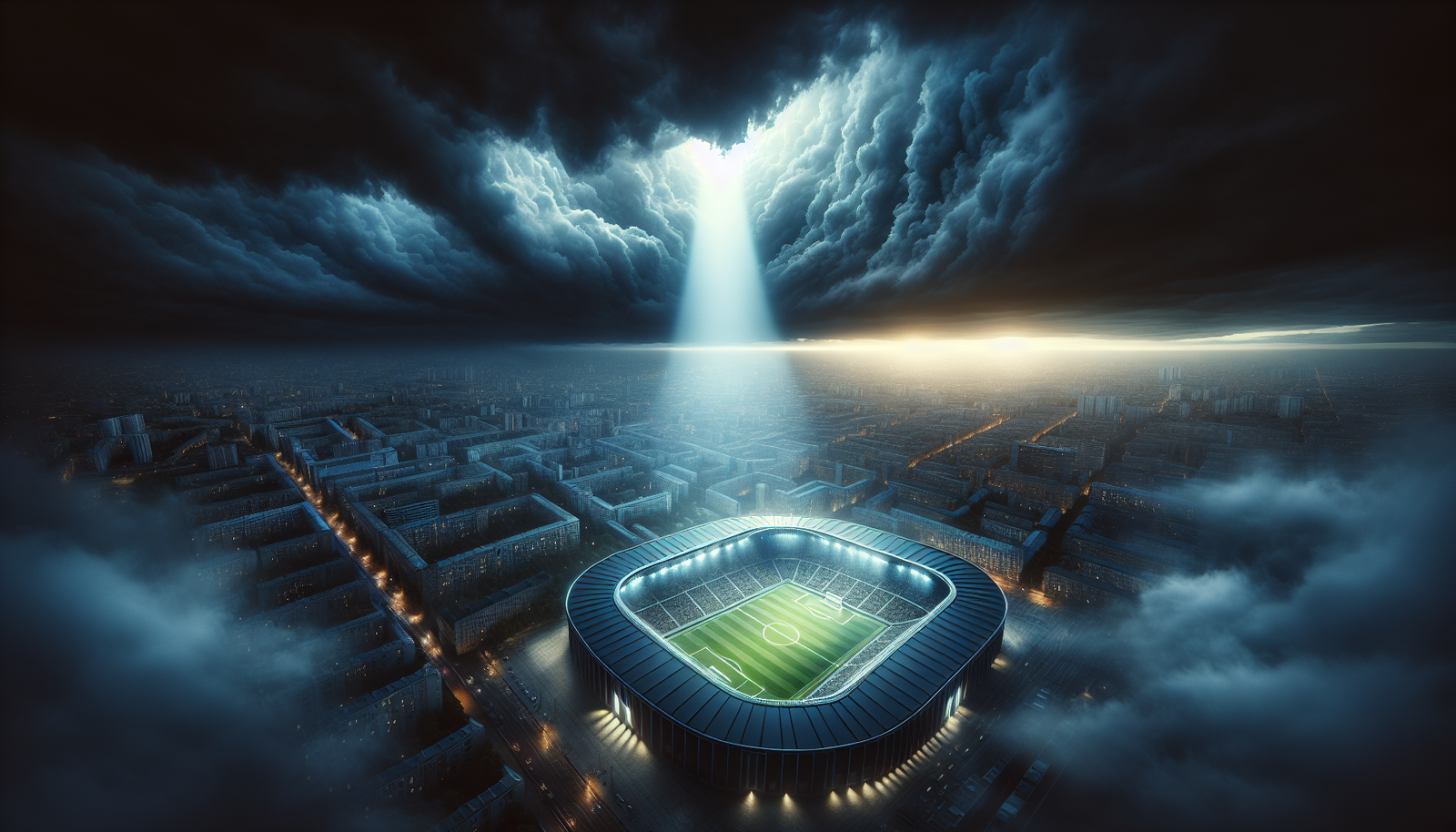 Vue aérienne ultra-réaliste du stade de Selhurst Park illuminé la nuit, sous un ciel orageux avec un rayon de lumière perçant, symbolisant l'incertitude et l'espoir.