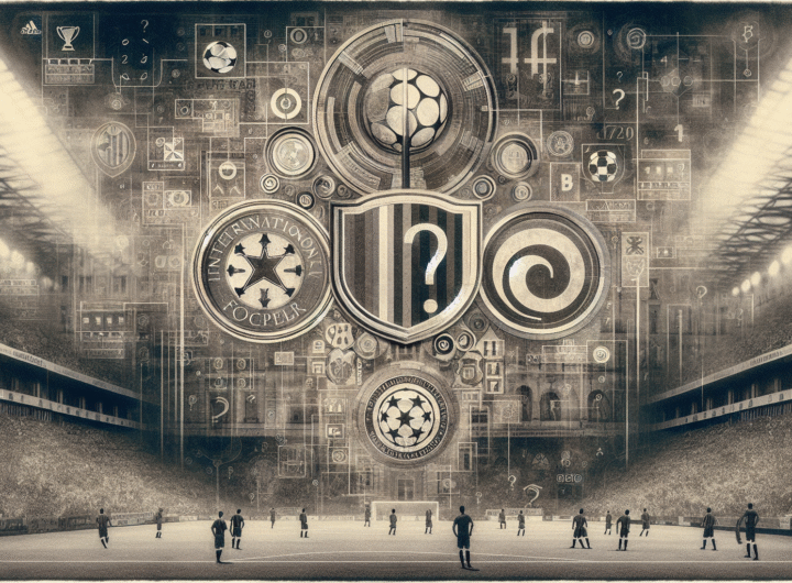 Une image composite dramatique montrant les logos du FC Barcelone, de Liverpool et de l'AC Milan partiellement estompés, avec des symboles de points d'interrogation ou de règles de la FIFA en arrière-plan, sur un fond de terrain de football.