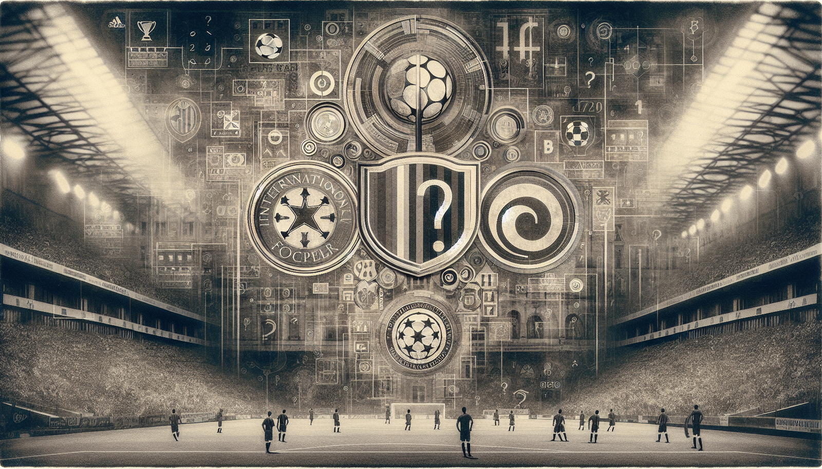 Une image composite dramatique montrant les logos du FC Barcelone, de Liverpool et de l'AC Milan partiellement estompés, avec des symboles de points d'interrogation ou de règles de la FIFA en arrière-plan, sur un fond de terrain de football.