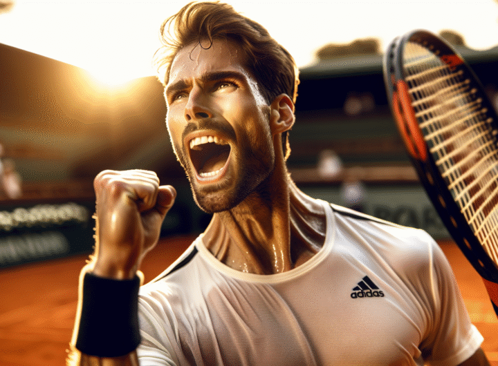 visuel Discover >1200px, Alexander Zverev, poing levé, criant de joie après un point gagnant intense sur la terre battue de Roland Garros, la sueur perlante sur son visage, le regard déterminé. Lumière chaude de fin de journée.