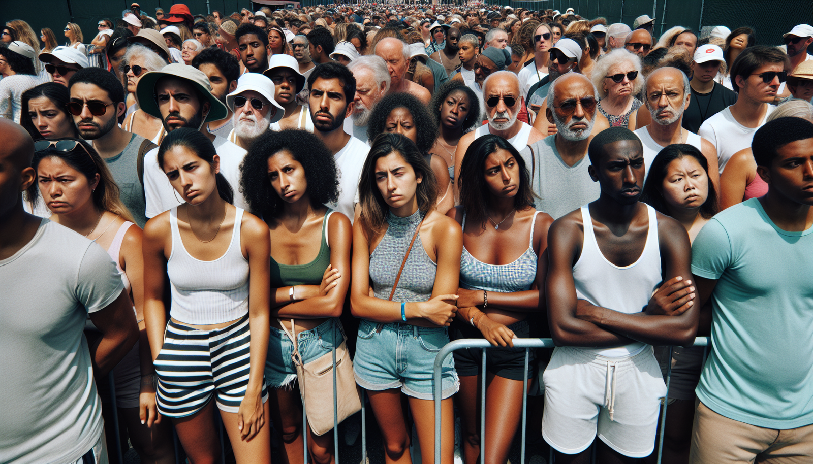 Foule dense de spectateurs faisant la queue devant une entrée de Roland-Garros, l'air résigné mais patient, sous un soleil intense.