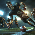 Lionel Messi en pleine action sous le maillot de l'Inter Miami, dribblant des adversaires avec intensité, lumières du stade en arrière-plan. Photo d'action ultra-réaliste.