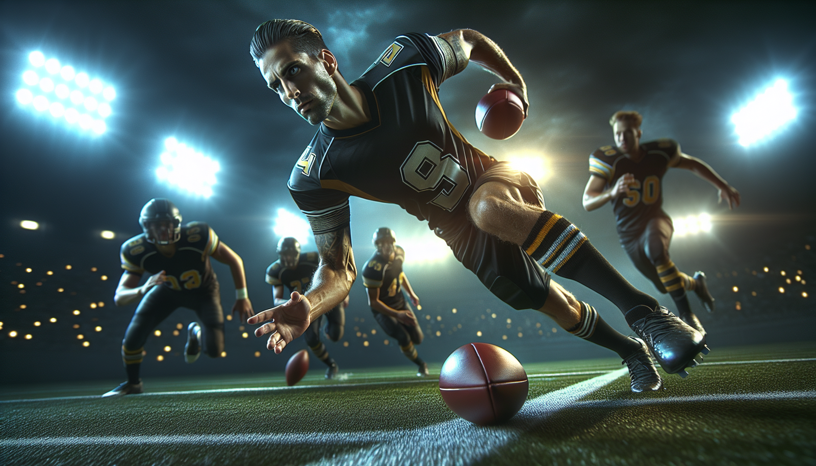 Lionel Messi en pleine action sous le maillot de l'Inter Miami, dribblant des adversaires avec intensité, lumières du stade en arrière-plan. Photo d'action ultra-réaliste.