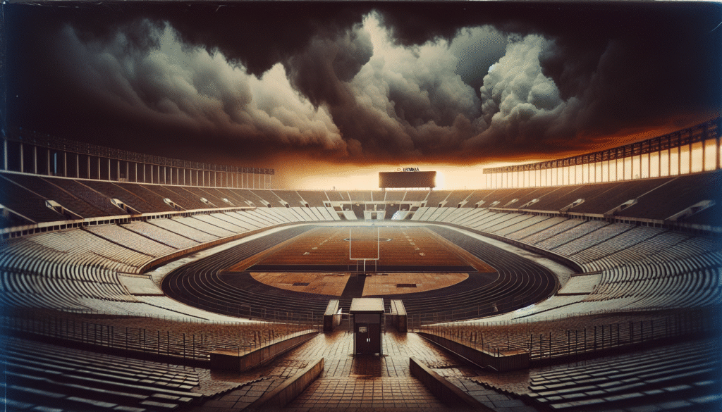 Image d'un stade de football vide avec un ciel orageux symbolisant la crise et l'incertitude planant sur les clubs.