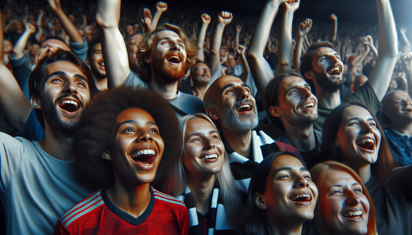 Photo d'une tribune de supporters calmes et souriants, célébrant un but dans un environnement sécurisé et bienveillant, montrant l'aboutissement de ces mesures.