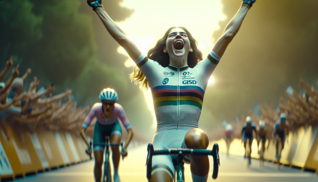 Photo ultra-réaliste de Marie Le Net franchissant la ligne d'arrivée, les bras levés, visage extatique et maillot tricolore. Angle bas pour magnifier l'exploit.