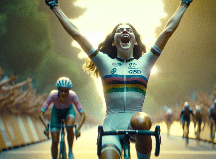 Photo ultra-réaliste de Marie Le Net franchissant la ligne d'arrivée, les bras levés, visage extatique et maillot tricolore. Angle bas pour magnifier l'exploit.