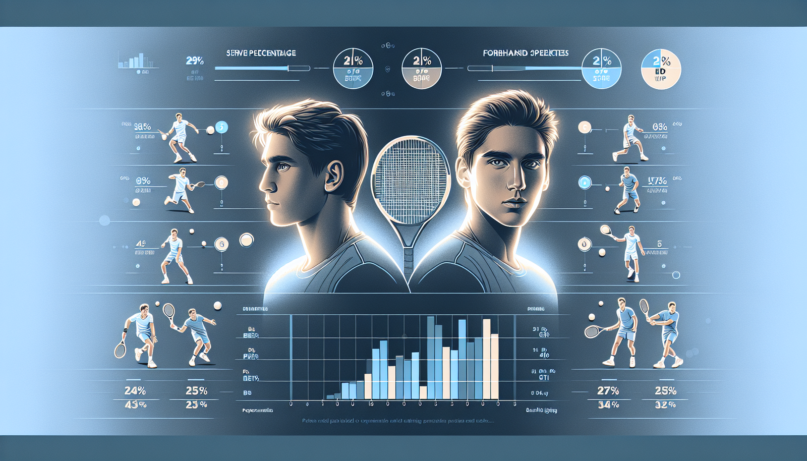 Infographie comparant visuellement les forces et faiblesses techniques (ex: pourcentage de service, vitesse de coup droit) de deux jeunes stars du tennis, avec des icônes et des barres de progression