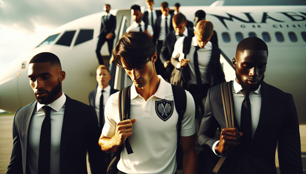 Photo d'action ultra-réaliste des joueurs du PSG descendant d'un avion privé aux États-Unis, avec le logo du club bien visible et une ambiance de "conquête".]`