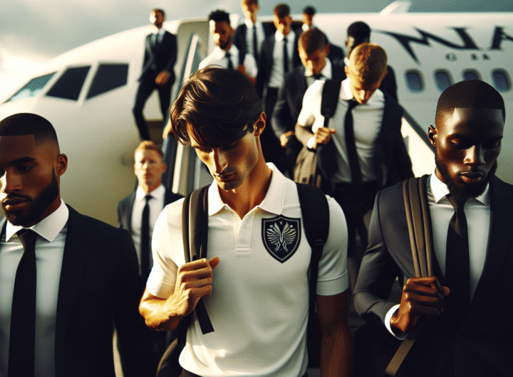 Photo d'action ultra-réaliste des joueurs du PSG descendant d'un avion privé aux États-Unis, avec le logo du club bien visible et une ambiance de "conquête".]`
