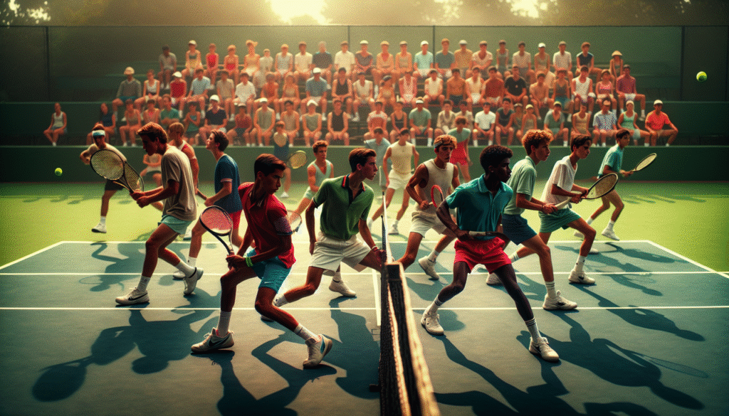 Photo dynamique de plusieurs jeunes joueurs de tennis en pleine action sur le court, symbolisant la nouvelle génération en pleine ascension