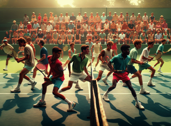 Photo dynamique de plusieurs jeunes joueurs de tennis en pleine action sur le court, symbolisant la nouvelle génération en pleine ascension