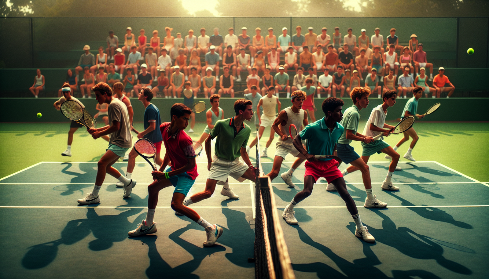 Photo dynamique de plusieurs jeunes joueurs de tennis en pleine action sur le court, symbolisant la nouvelle génération en pleine ascension